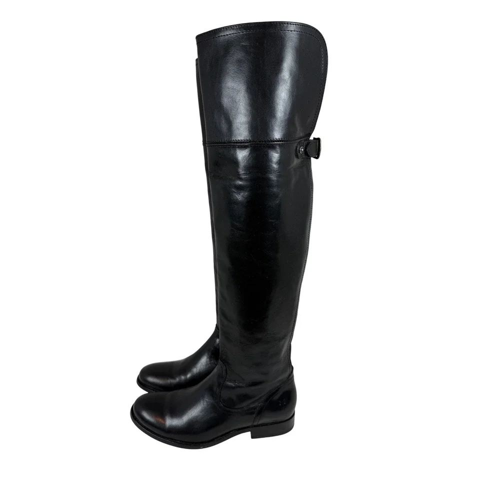 FRYE Melissa Over The Knee Leather Riding Boots, Harness Buckle, Black, Size 6.5